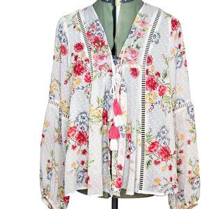 Woman's boho sheer tie up whimsy floral romantic cover up peasant top size M